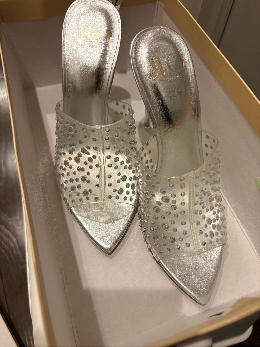 Jennifer Lopez Crystal-Studded Silver Mesh Mule Heels